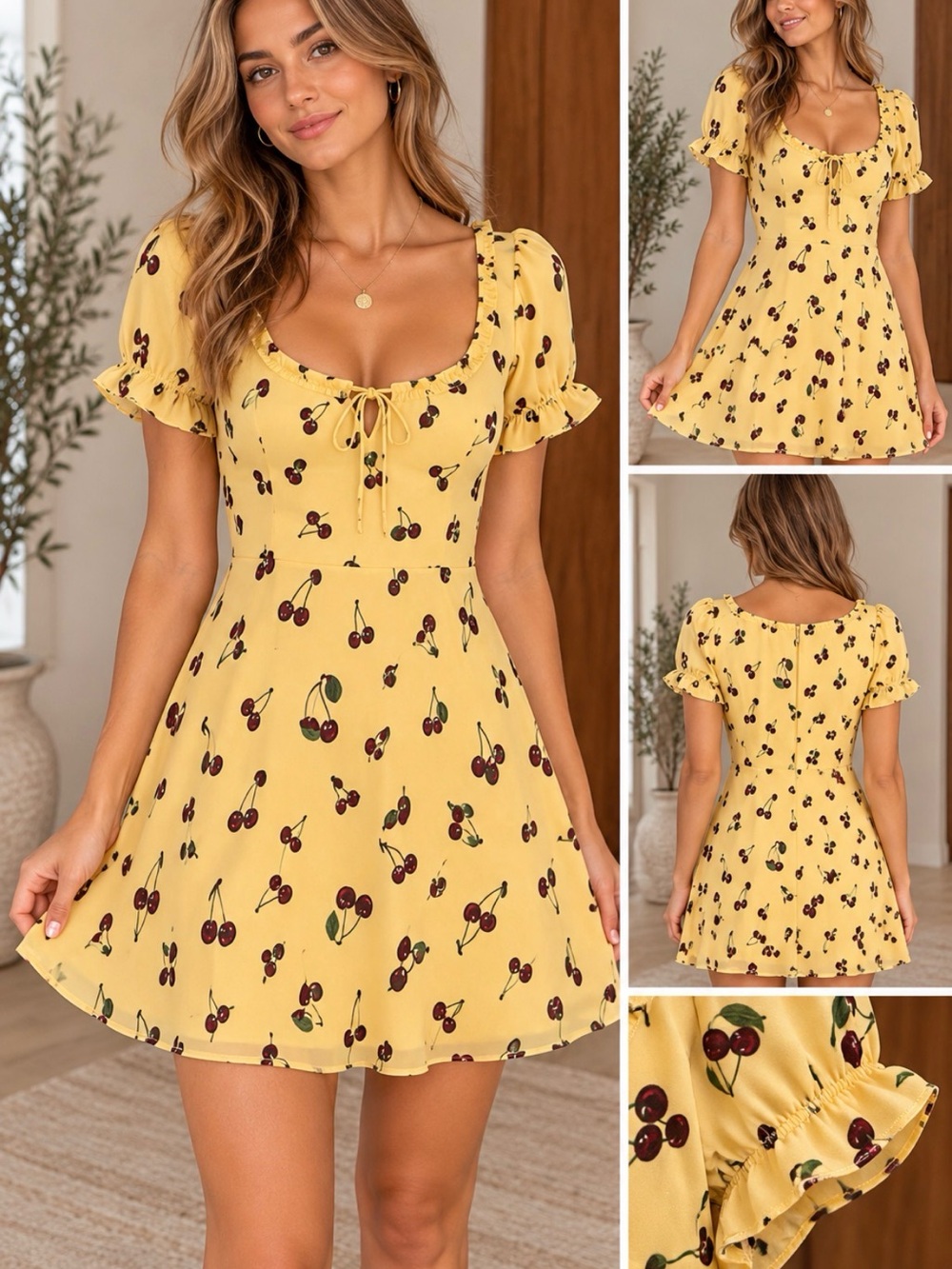 Sunday Best Yellow Cherry-Print Mini Dress